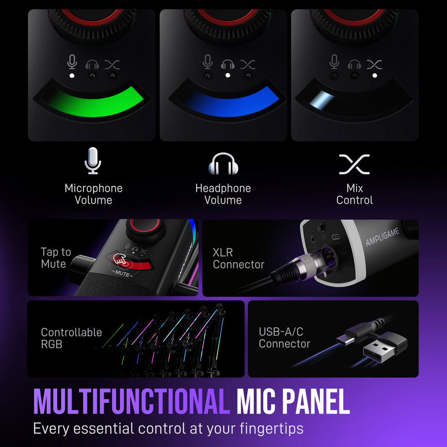 Micrófono FIFINE AmpliGame AM8PROT USB/XLR con Brazo RGB