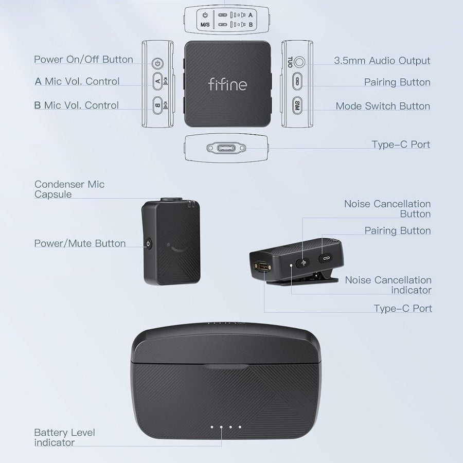 Micrófono Inalámbrico FIFINE M9 Lavalier Dual con Estuche de Carga
